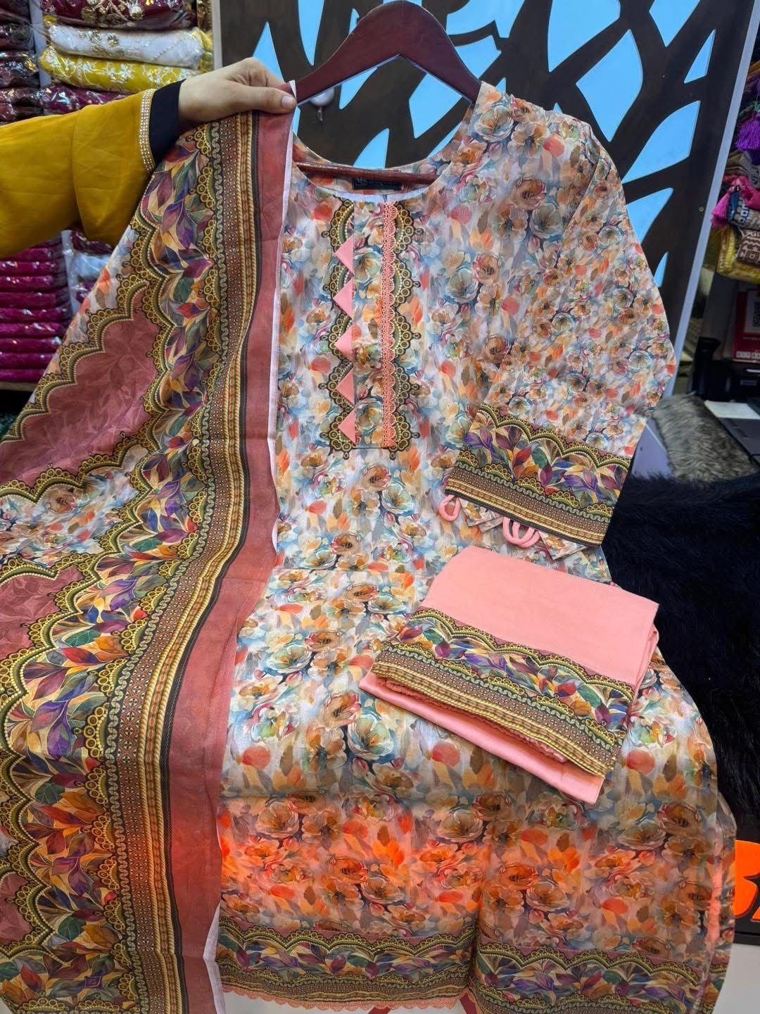 Charizama Print 3-Piece Dress – Cotton Body & Dupatta with Panel Work Pant