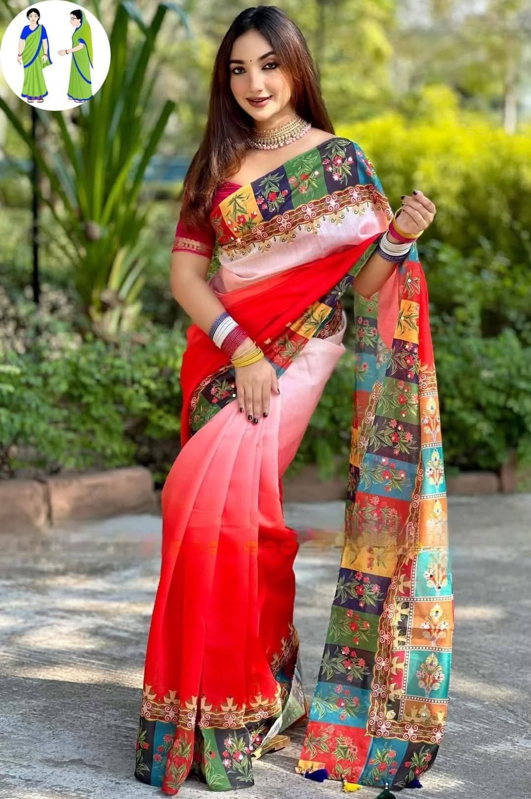 Semi silk saree digital print with stone work