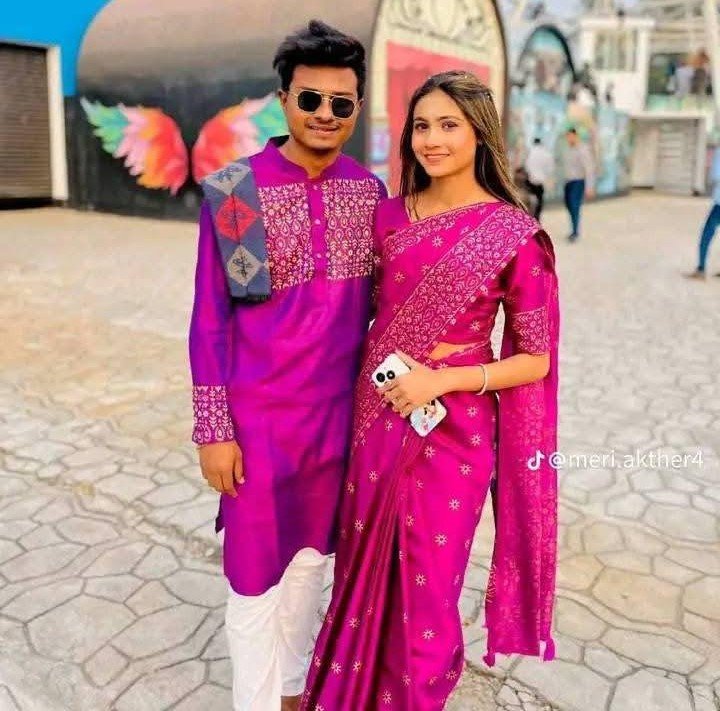 কাপল সেট – জাপানি সিল্ক শাড়ি ও ধুপিয়ান সিল্ক পাঞ্জাবি